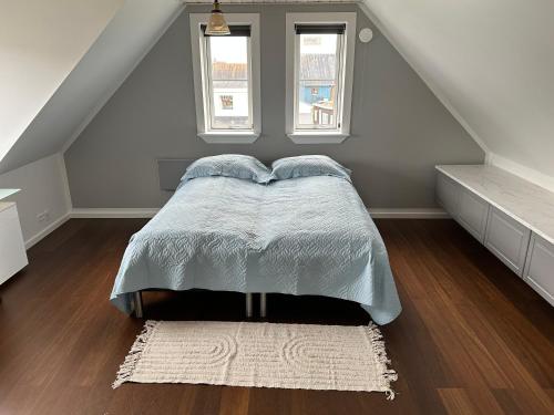 努克Nuuk Villa Hostel的一间卧室设有一张床和两个窗户。