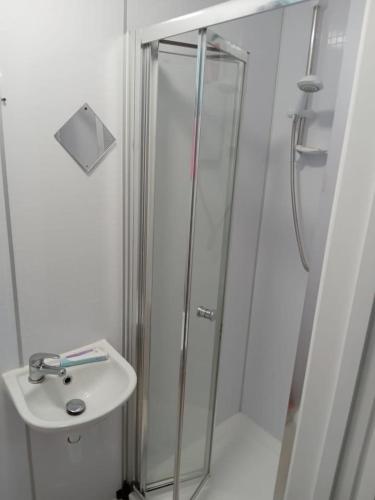 伦敦Studio apartment的一间带玻璃淋浴和水槽的浴室