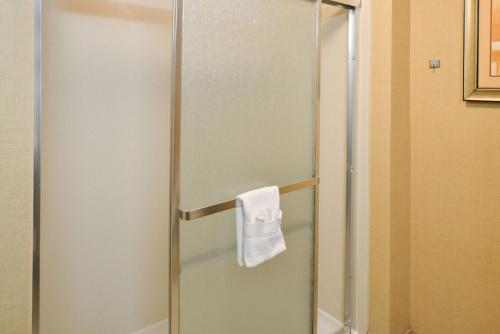 威廉斯堡威廉斯堡汉普顿酒店的玻璃淋浴间,上面有白色毛巾