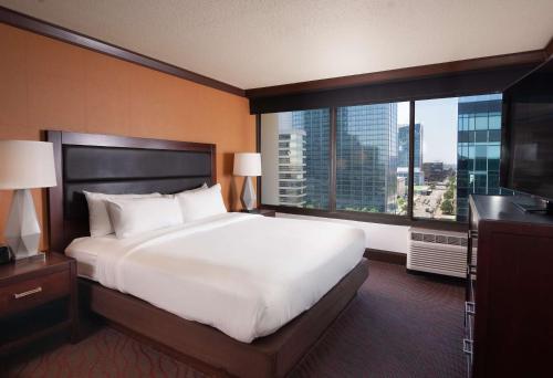 克利夫兰DoubleTree by Hilton Hotel Cleveland Downtown - Lakeside的一间卧室设有一张大床和一个大窗户