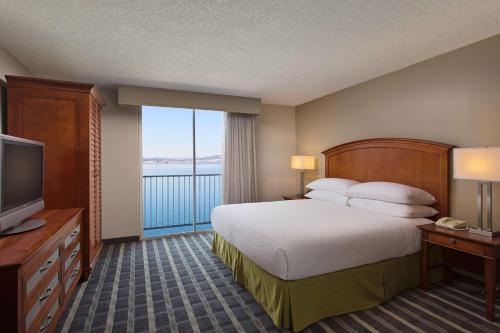 伯林格姆旧金山机场海滨希尔顿合博套房酒店的酒店客房设有一张床和一个大窗户