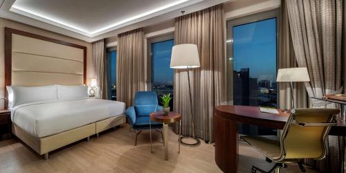 伊斯坦布尔伊斯坦布尔托普卡匹希尔顿逸林酒店的酒店客房配有一张床、一张书桌和一张书桌。
