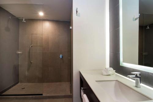 圣路易斯波托西Hampton Inn By Hilton San Luis Potosi的带淋浴、盥洗盆和浴缸的浴室