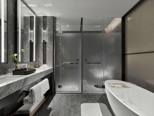 成都成都滨江希尔顿逸林酒店的带淋浴、浴缸和盥洗盆的浴室