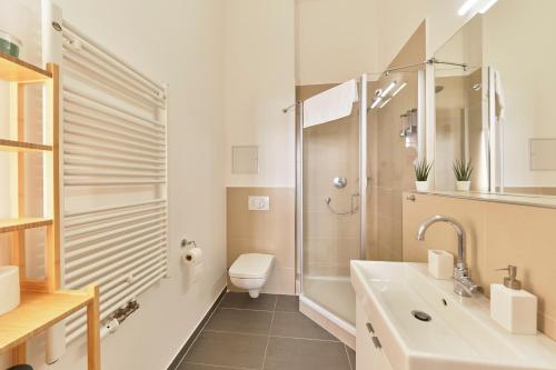 诺伊斯Historisches Deluxe Apartment im Marianum的浴室配有卫生间、盥洗盆和淋浴。