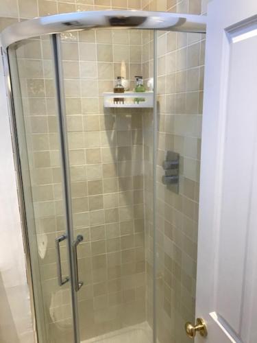 CulboneWorthy Manor的浴室里设有玻璃门淋浴