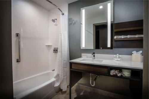西棕榈滩Hilton Garden Inn West Palm Beach I95 Outlets的一间带水槽、浴缸和镜子的浴室