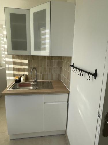 博韦Appartement Cosy Beauvais的白色的厨房配有水槽和冰箱