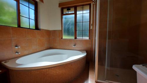 德尔斯特鲁姆Berryfields的带窗户的浴室设有大浴缸