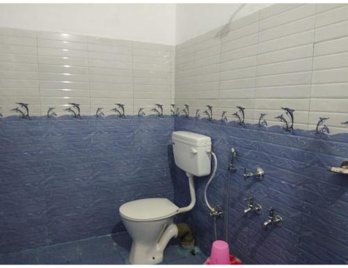 Jyoti GaonMayuri Nature Camp, Barangabari, Assam的一间带卫生间的浴室和蓝色瓷砖墙