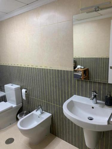 阿尔么丽亚Tokyo Rooms "El Cabo" Habitación doble con baño privado的一间带水槽、卫生间和镜子的浴室