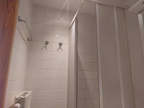 布鲁塞尔Charming 1-Bedroom Apartment的带淋浴和两个衣架的浴室