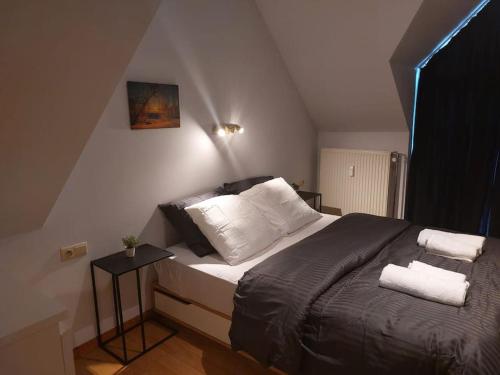 布鲁塞尔Charming 1-Bedroom Apartment的一间卧室配有一张床,上面有两条毛巾