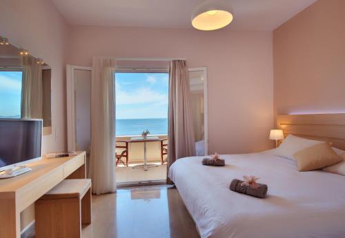 尼萨基奥Krouzeri Beach Apartments的酒店客房配有一张床、一张书桌和一台电视。