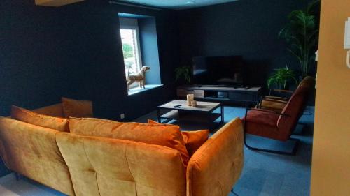 巴斯托涅La Ferme Villa 2的客厅配有棕色沙发和电视