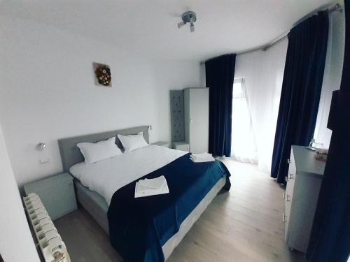 沃拉内特Bucovina Inn的一间卧室配有一张带蓝白色床单的大床