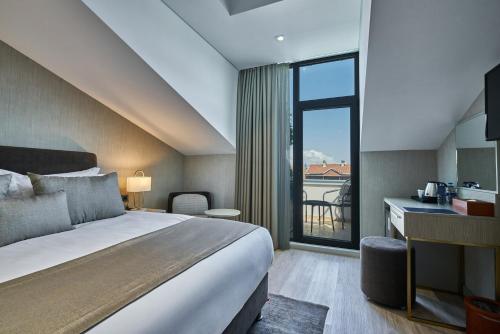 伊斯坦布尔Rayelin Hotel Istanbul Old City Special Category的酒店客房设有一张床和一个大窗户