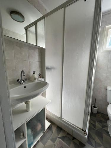 LithRuime chalet midden in de natuur in Lith的白色的浴室设有水槽和淋浴。