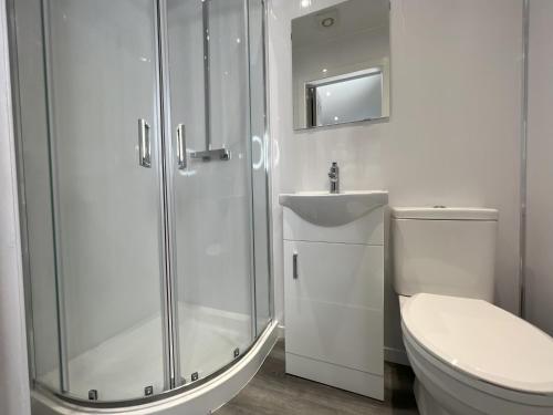 伯明翰We House - Selly Oak Birmingham的带淋浴、卫生间和盥洗盆的浴室
