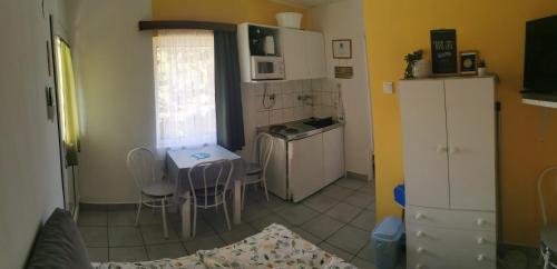桑托德Oázis Apartman的小厨房配有桌子和桌椅