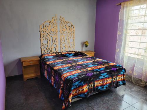 内乌肯Amplio departamento para 2 personas的一间卧室配有一张带彩色床罩的床