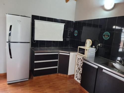 内乌肯Amplio departamento para 2 personas的一间带冰箱和水槽的小厨房