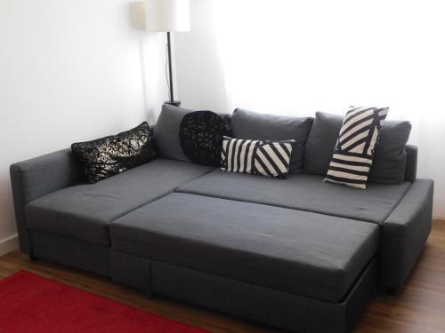 马里纳-迪-皮特拉桑塔Versilia Tonfano villetta的客厅配有带枕头的灰色沙发