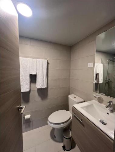 蓬塔卡纳Sweet home的浴室配有卫生间、水槽和毛巾。