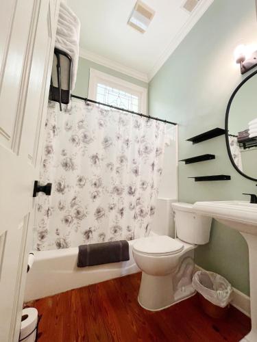 萨凡纳1885 Vintage Parlor Loft: Heart of Historic SAV的一间带卫生间和淋浴帘的浴室