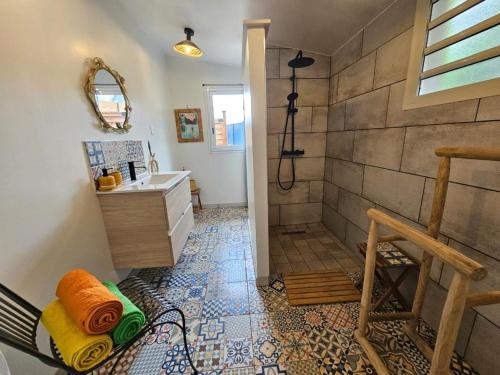 Trois BassinsCanne Mapou, l'Escale Nature的带淋浴和盥洗盆的浴室