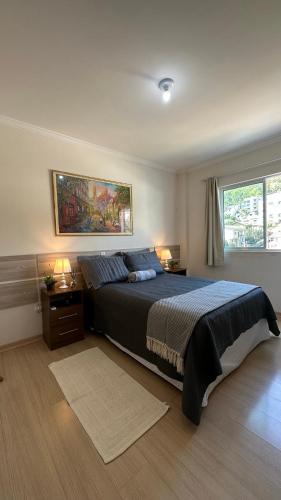 皮拉图巴Apto Alamanda - Aconchegante, Confortável e bem localizado!的一间卧室设有一张大床和两个窗户。