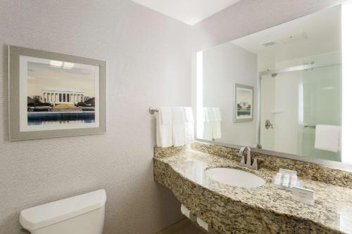 阿林顿舍尔灵顿希尔顿花园旅馆的一间带水槽、卫生间和镜子的浴室