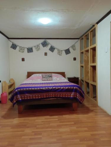 HorconCasa Tricahuelqui的一间卧室配有一张床铺,床上铺有紫色毯子