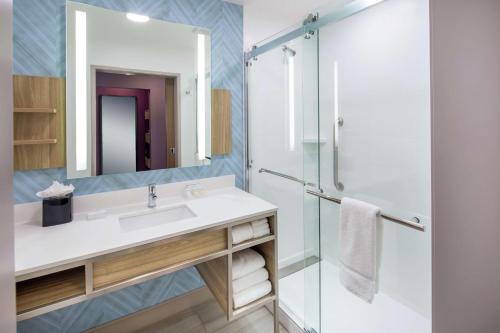 瑟普赖斯Hilton Garden Inn Surprise Phoenix的一间带水槽和淋浴的浴室