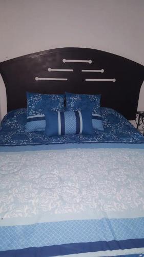 库斯科Q'entiHospedaje zaguan del cielo 2的一张带蓝色和白色枕头的床