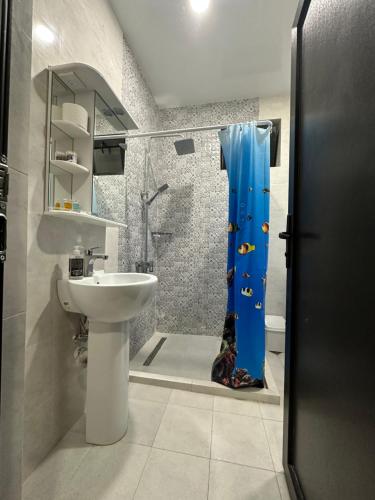 第比利斯Guesthouse Chrdili的浴室配有盥洗盆、淋浴和卫生间