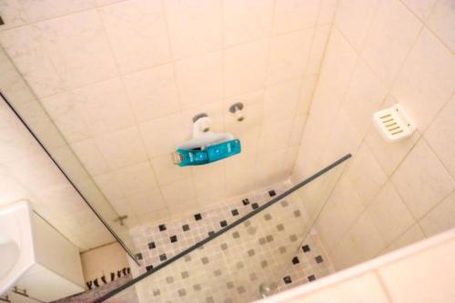 卡萨内Yaxida's Warmth的浴室设有淋浴,墙上有蓝色的物品