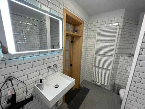 布鲁塞尔Apartament的白色的浴室设有水槽和镜子