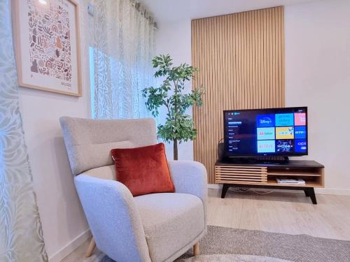 阿马多拉Cozy Portuguese Apartment的客厅配有椅子和电视