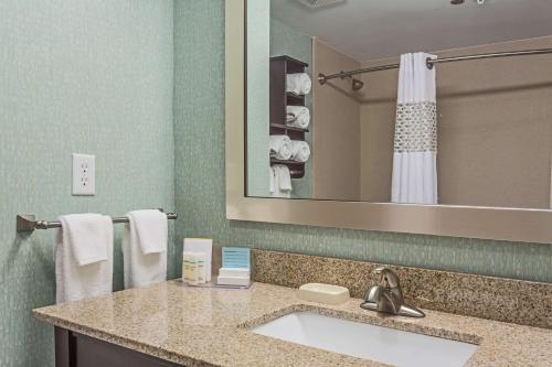 斯泰茨伯勒斯泰茨伯勒汉普顿酒店的浴室配有盥洗盆、镜子和毛巾