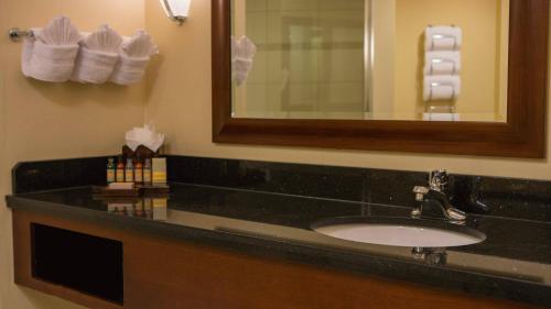 巴尔的摩巴尔的摩坎登球场内港万豪酒店的浴室配有盥洗盆、镜子和毛巾
