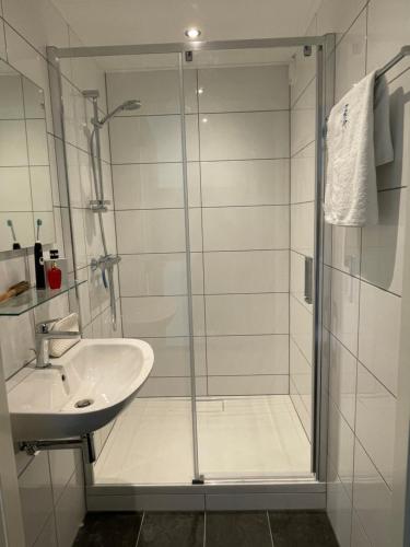 Weerselovakantieverblijf Marke Lemselo的带淋浴和盥洗盆的浴室