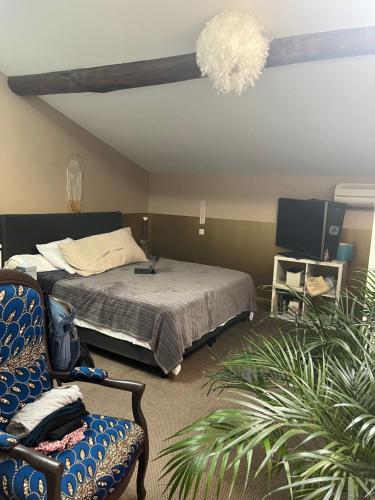 图卢兹Maison de ville avec piscine的一间卧室配有一张床、一把椅子和一个吊灯。