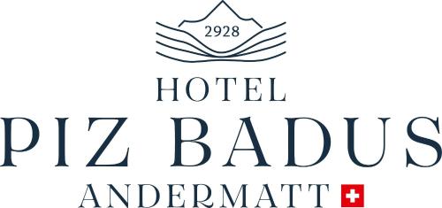 安德马特Hotel Piz Badus的酒店和餐厅一组标志