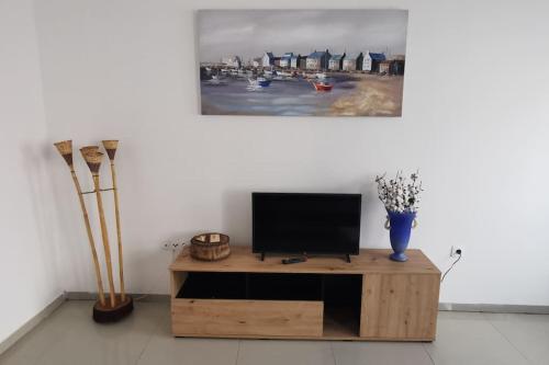 普拉亚Apt Plateau的客厅配有木桌上的电视