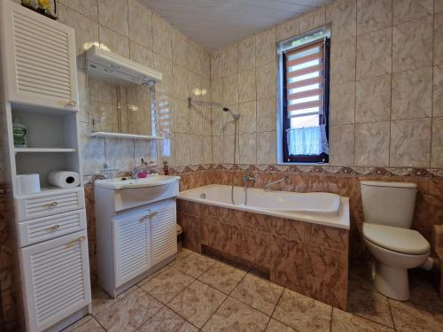 SierpcApartament Matejki的带浴缸、卫生间和盥洗盆的浴室