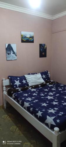 内罗毕Elegantly furnished 1bedroom at Claycity, Thika Rd的一间卧室,床上有星星床