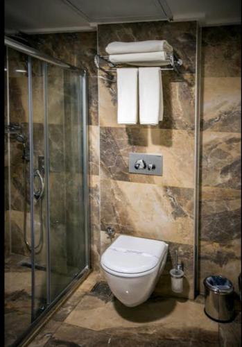 Boğaz的一间带卫生间和玻璃淋浴间的浴室