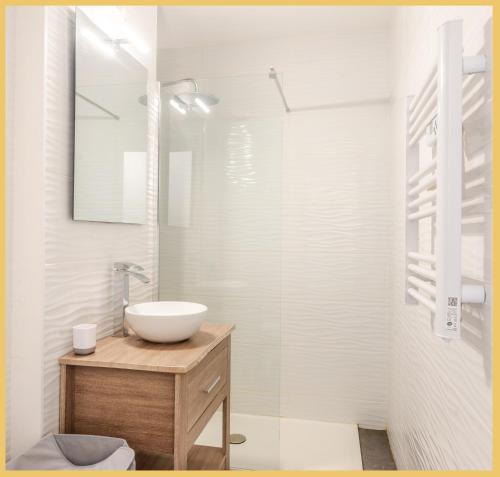 埃维昂莱班Appartement T2 Vue Lac Léman Evian les Bains的一间带水槽和镜子的浴室