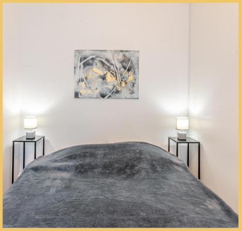 埃维昂莱班Appartement T2 Vue Lac Léman Evian les Bains的卧室配有一张床,两边都配有两盏灯